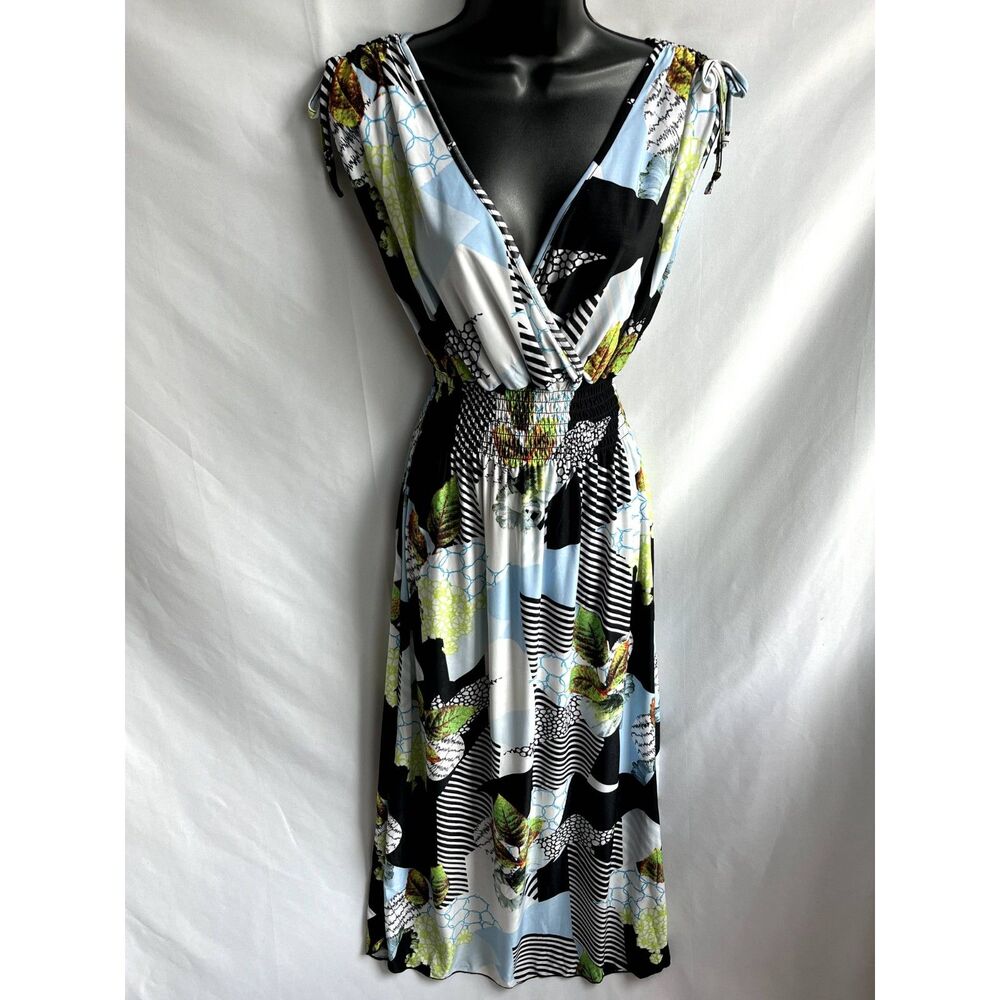 Colorful Y2K Summer Midi Dress Surplice Empire Waist Size S Blue Green Vacation